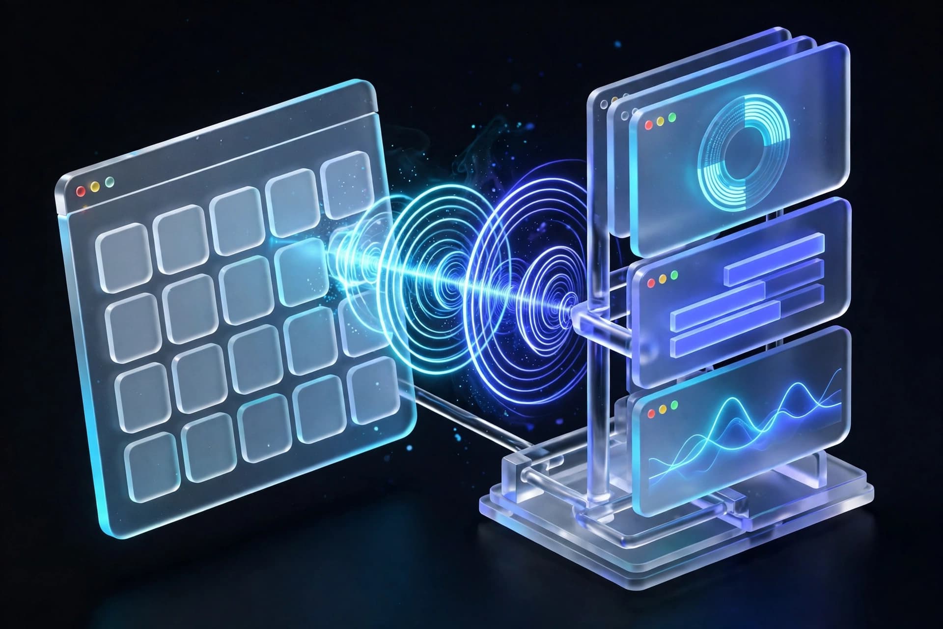 Talkuza Echo Notes visual — frosted glass calendar and audio rings becoming a meeting summary