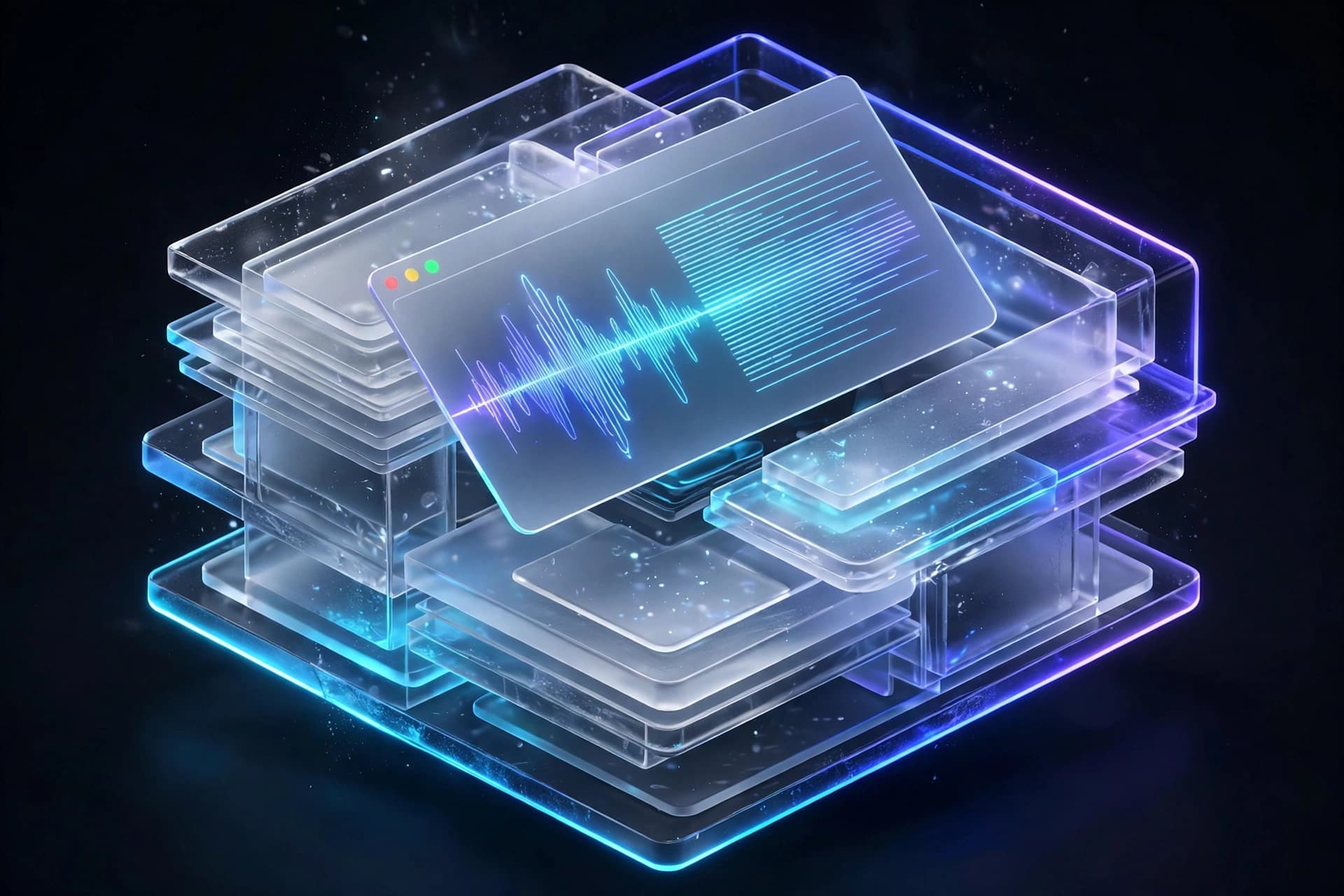 Talkuza hero visual — glassmorphic macOS dictation window with a glowing waveform