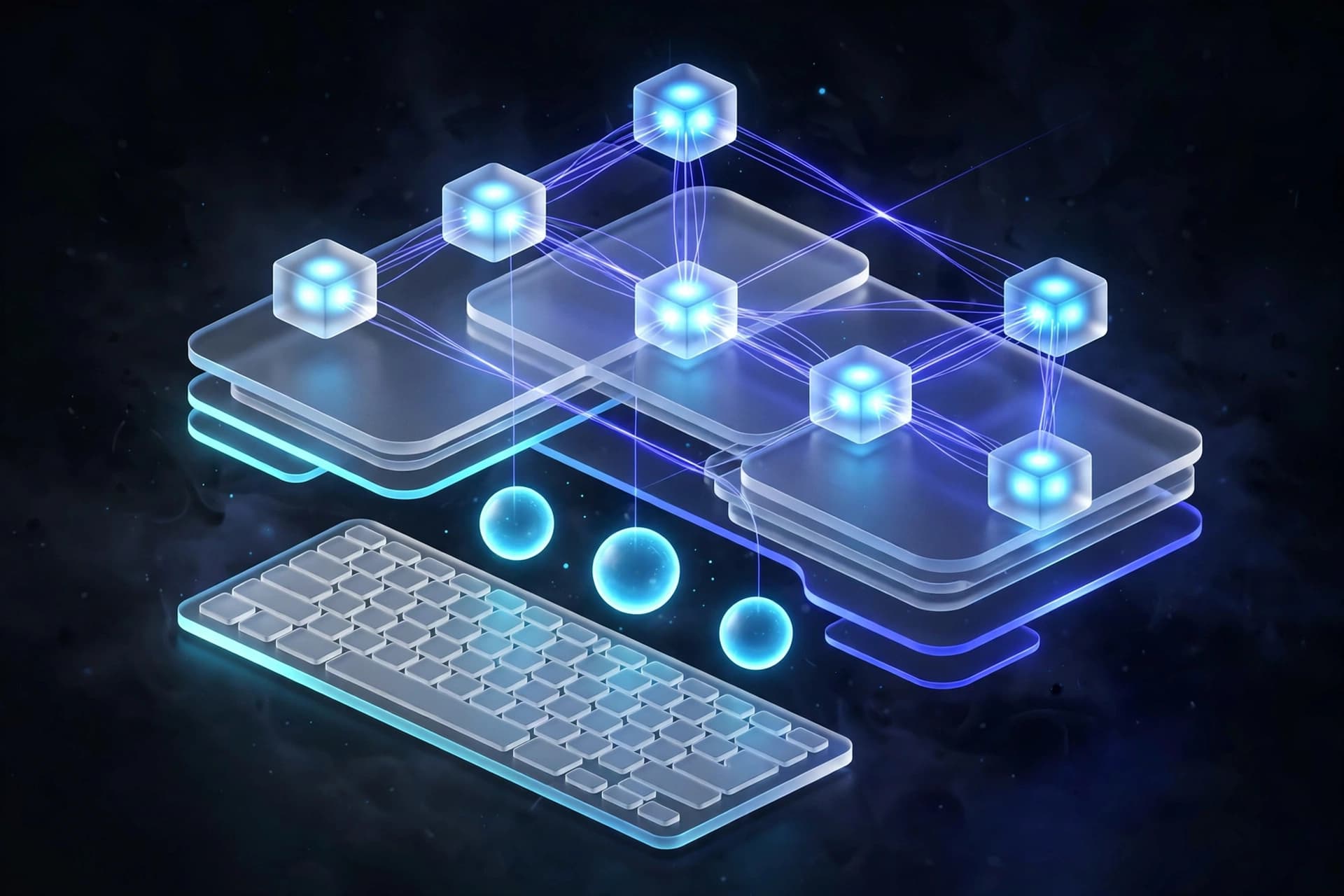 Canto visual — glowing command terminal nodes connected by optical indigo filaments
